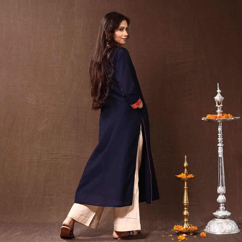 Buy Midnight Blue Silk Plain Long Kurta for Women
