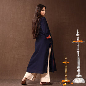 Buy Midnight Blue Silk Plain Long Kurta for Women