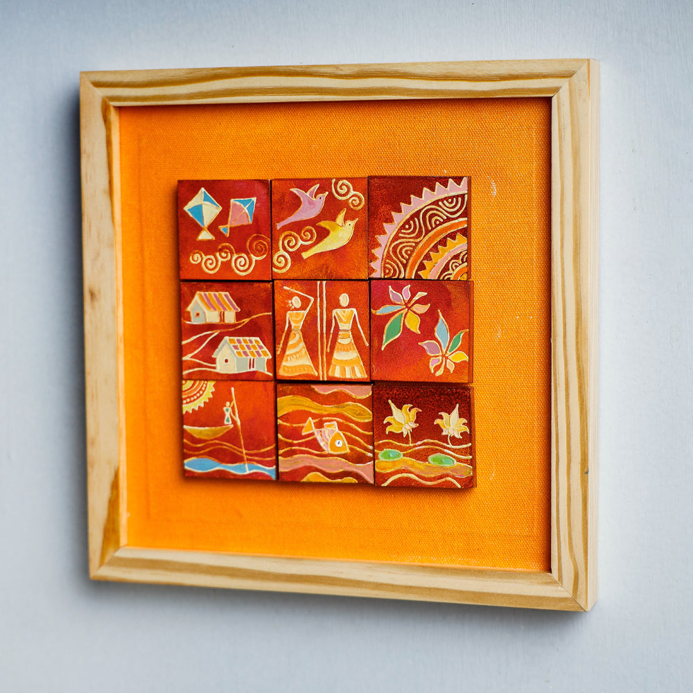  Miniature Handpainted Pine Wood Magnetic 9 Blocks Painting 