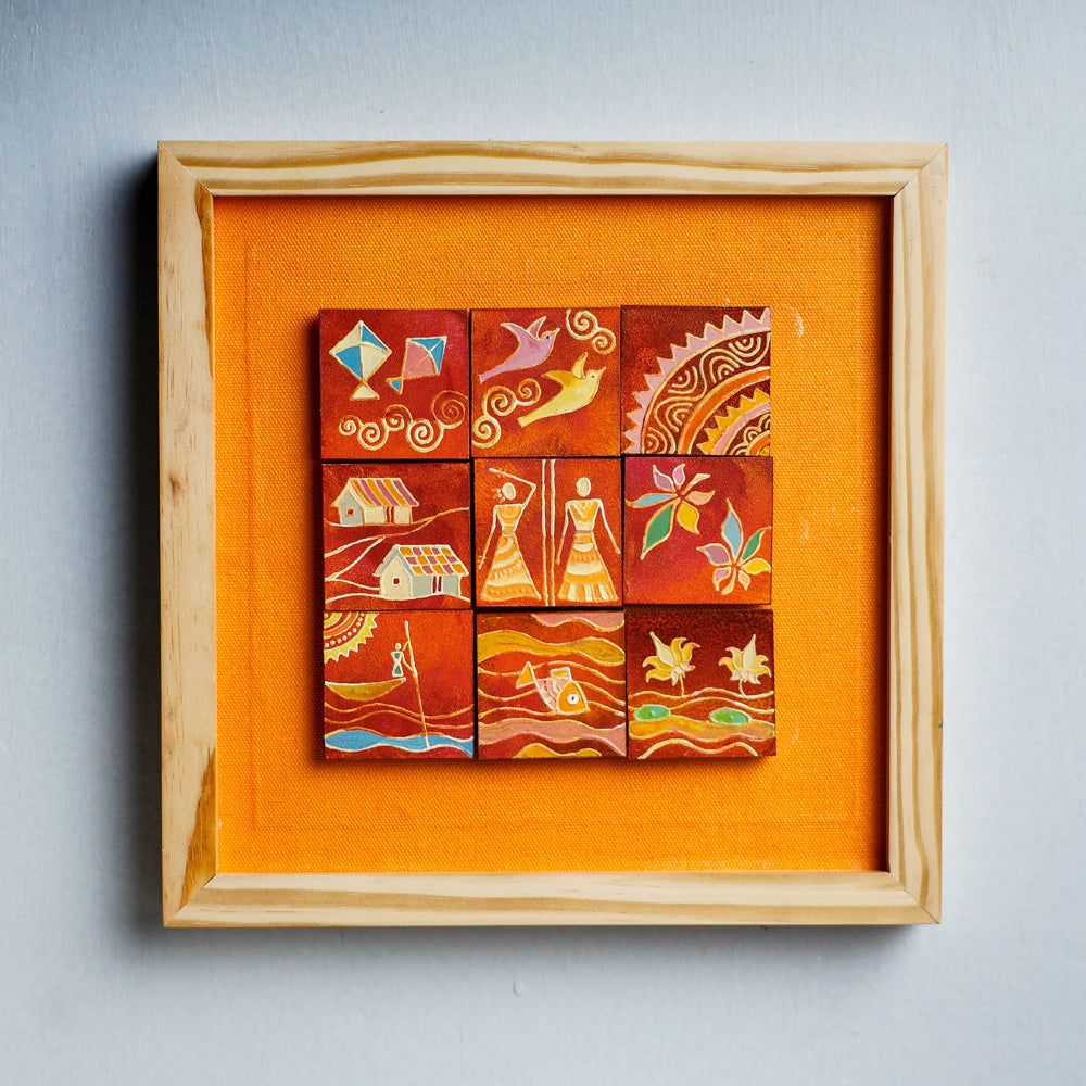  Miniature Handpainted Pine Wood Magnetic 9 Blocks Painting 