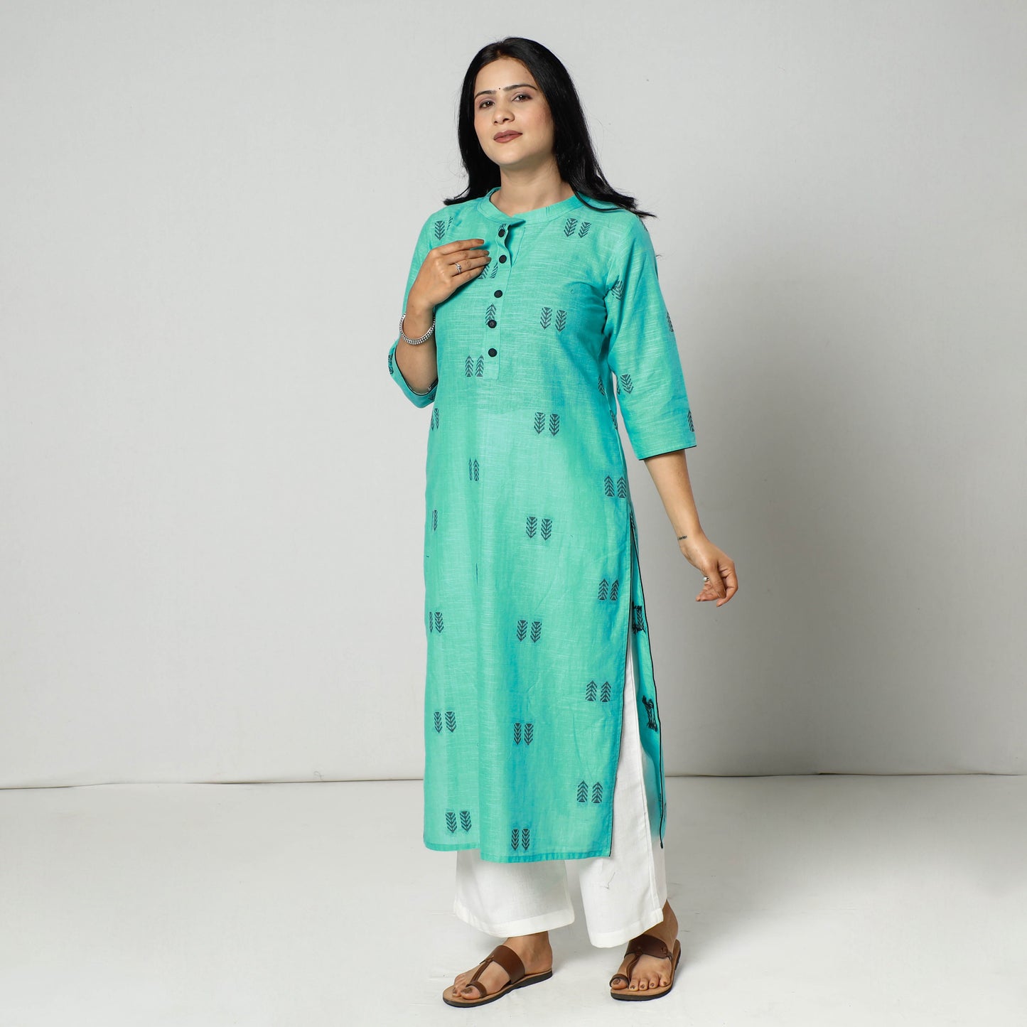 Mint Green - Jacquard Cotton Long Straight Kurta