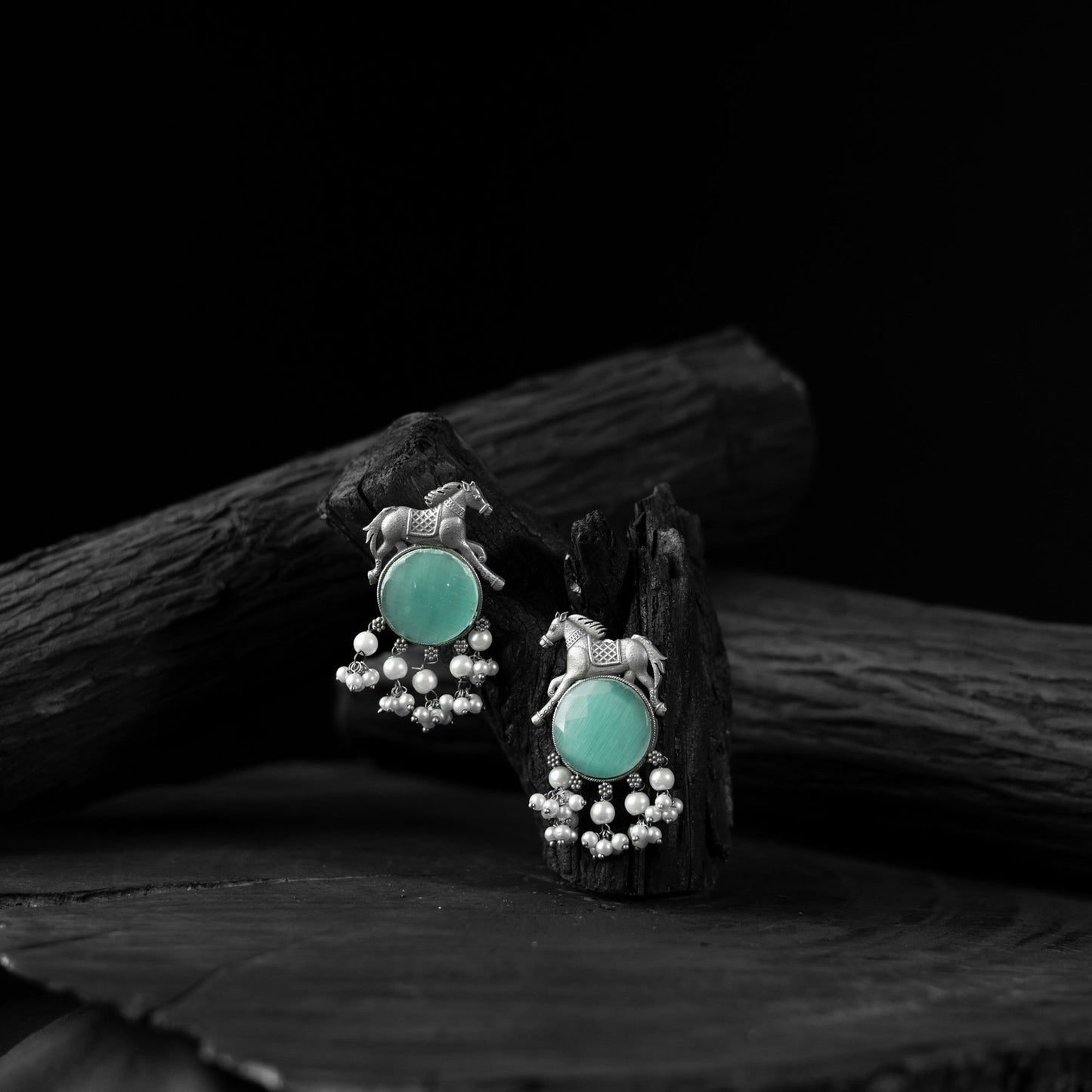 Mint green - saanjh bela horse motif oxidised earrings