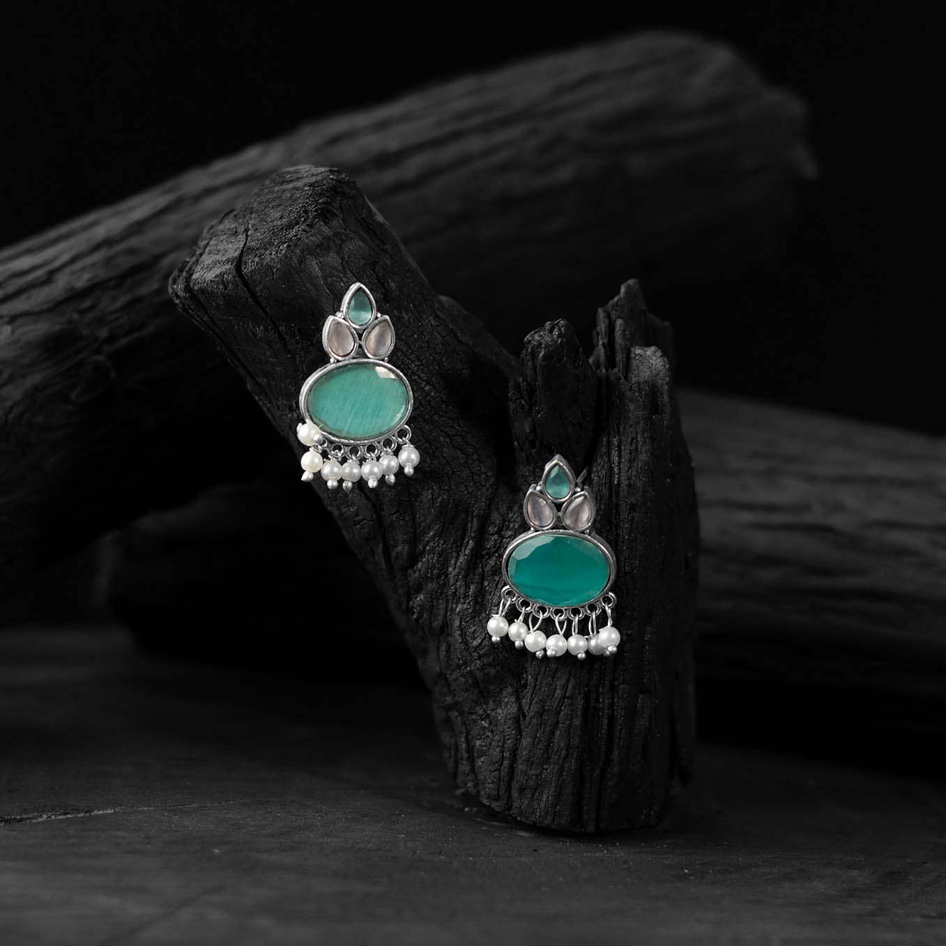 Mint green - saanjh bela leaf motif oxidised earrings