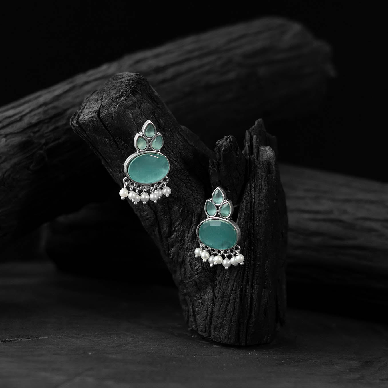 Mint green - saanjh bela leaf motif oxidised earrings