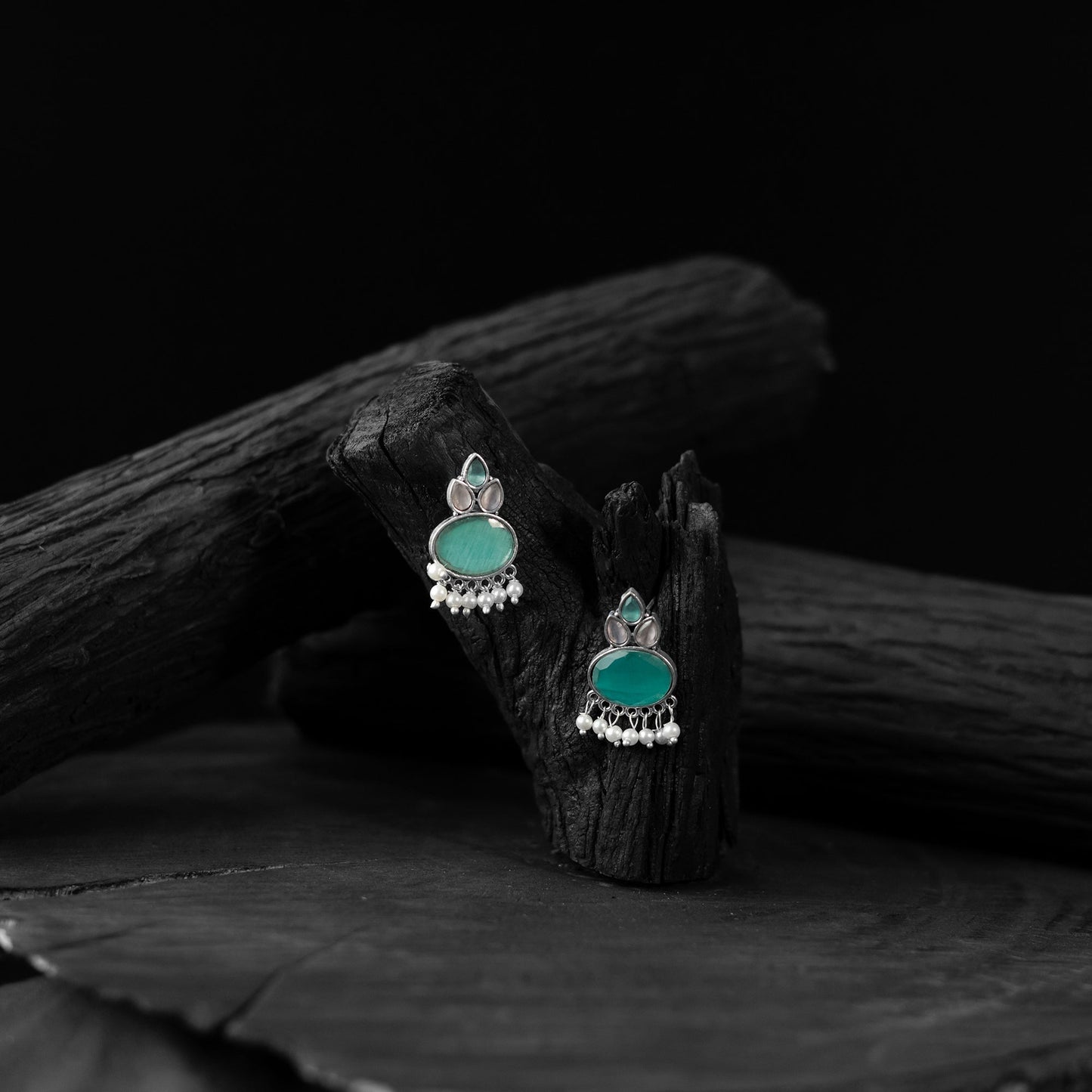 Mint green - saanjh bela leaf motif oxidised earrings