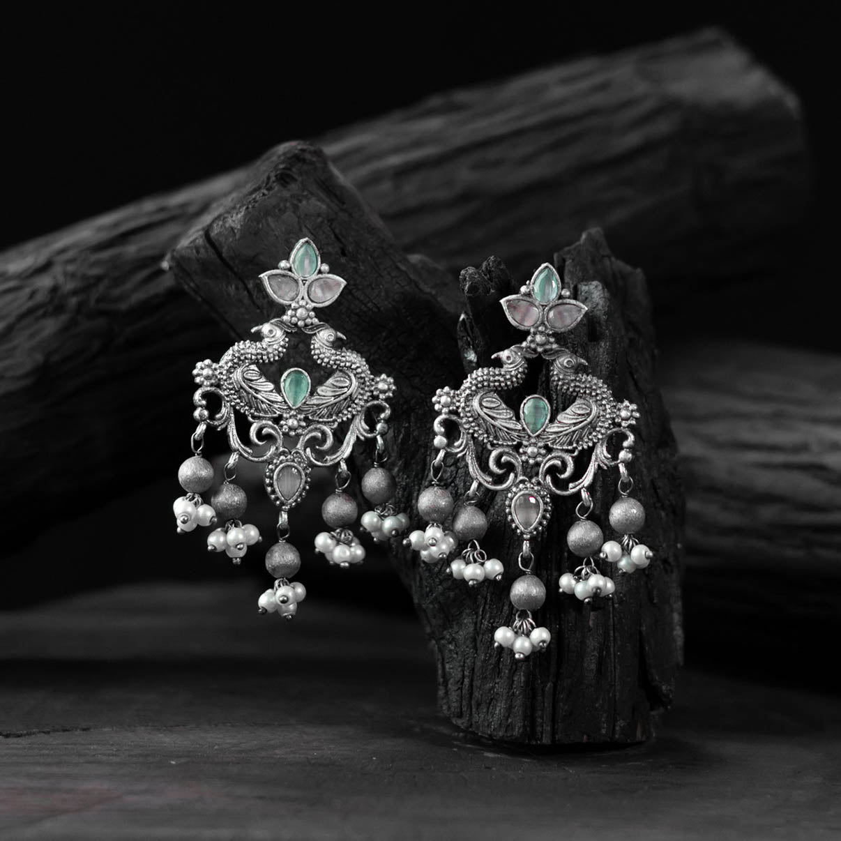 Mint green - saanjh bela mayura oxidised earrings