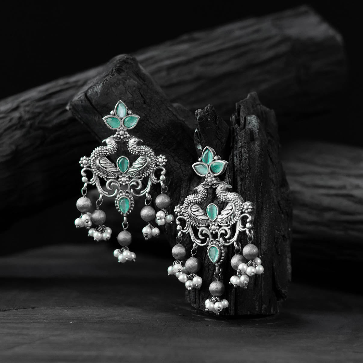 Mint green - saanjh bela mayura oxidised earrings