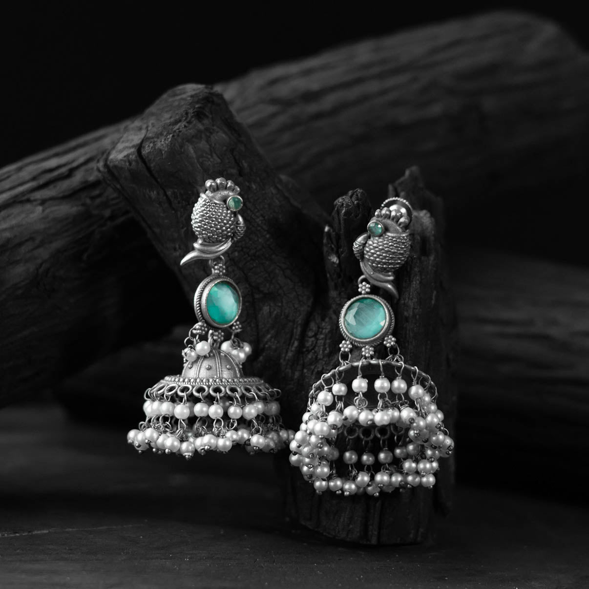 Mint green - saanjh bela peacock oxidised earrings