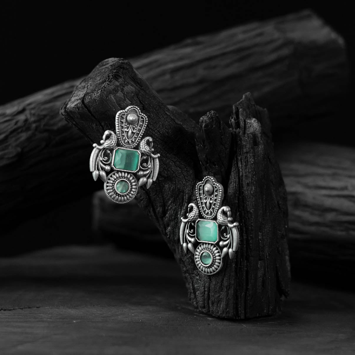 Mint green - saanjh bela peacock oxidised earrings