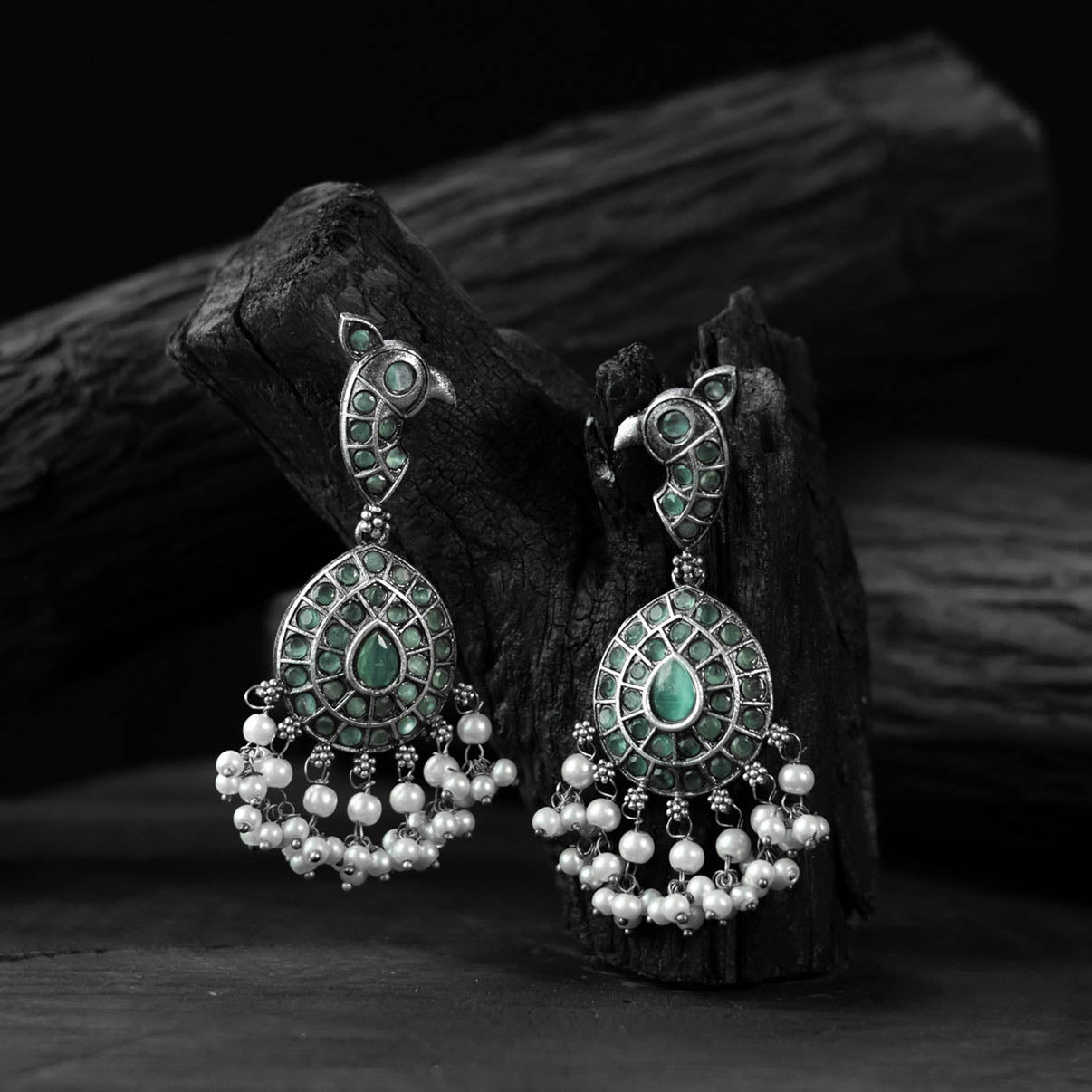 Mint green - saanjh bela peacock oxidised earrings