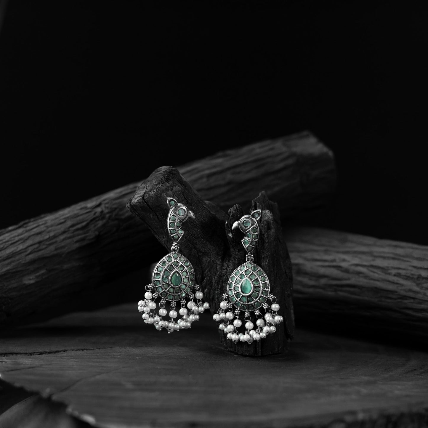 Mint green - saanjh bela peacock oxidised earrings