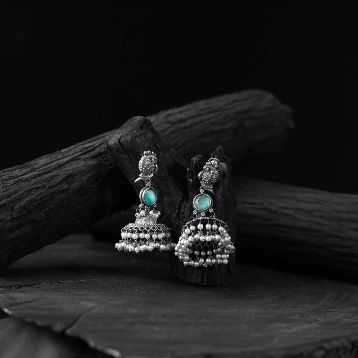 Mint green - saanjh bela peacock oxidised earrings