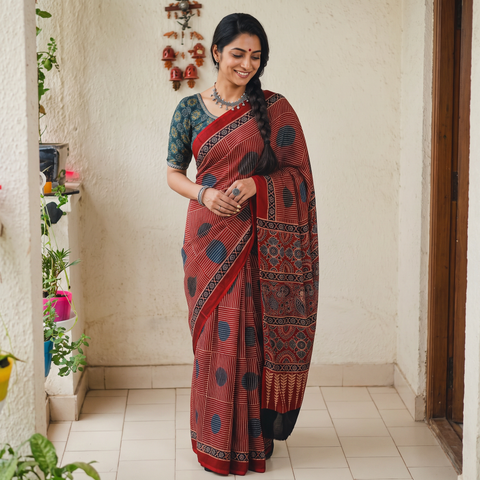 Red Modal Silk Block Print Ajrakh Saree, draped and worn by a woman, AI visual of the saree, iTokri