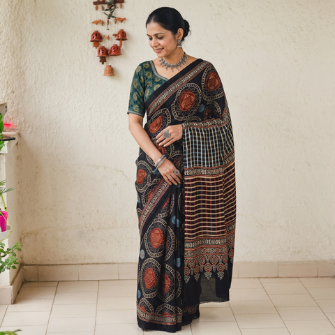 Black Modal Silk Block Print Ajrakh Saree, draped and worn by a woman, AI visual of the saree, iTokri