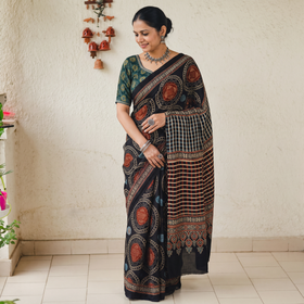 Black Modal Silk Block Print Ajrakh Saree, draped and worn by a woman, AI visual of the saree, iTokri