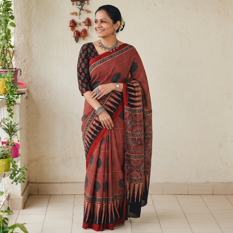 Red Modal Silk Block Print Ajrakh Saree, draped and worn by a woman, AI visual of the saree, iTokri