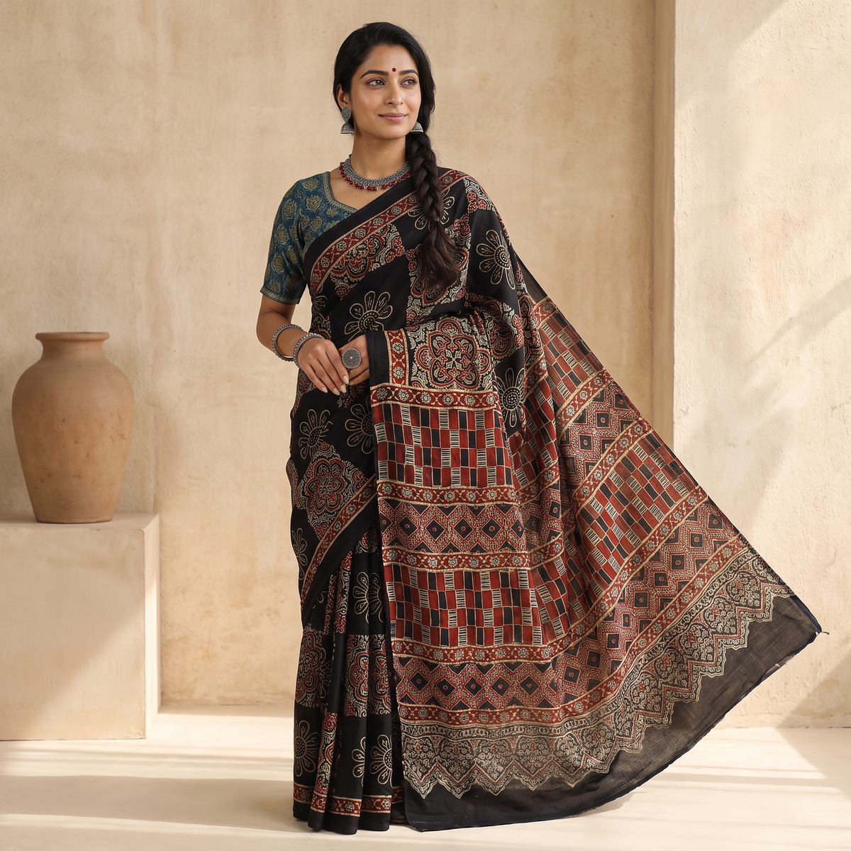 Multicolor Modal Silk Block Print Ajrakh Saree, draped and worn by a woman, AI visual of the saree, iTokri