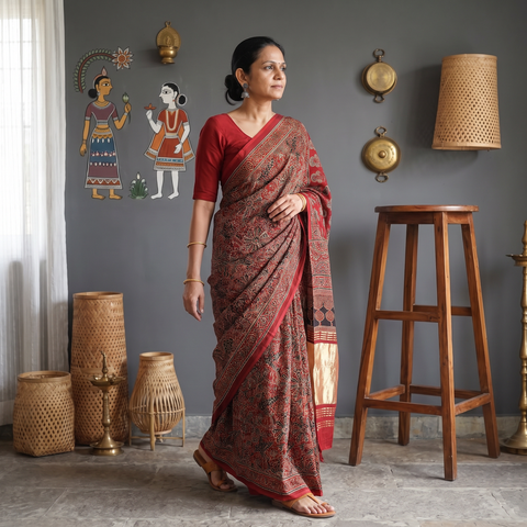 Red Modal Silk Block Printed Ajrakh Saree with Zari Border, draped and worn by a woman, AI visual of the saree, iTokri
