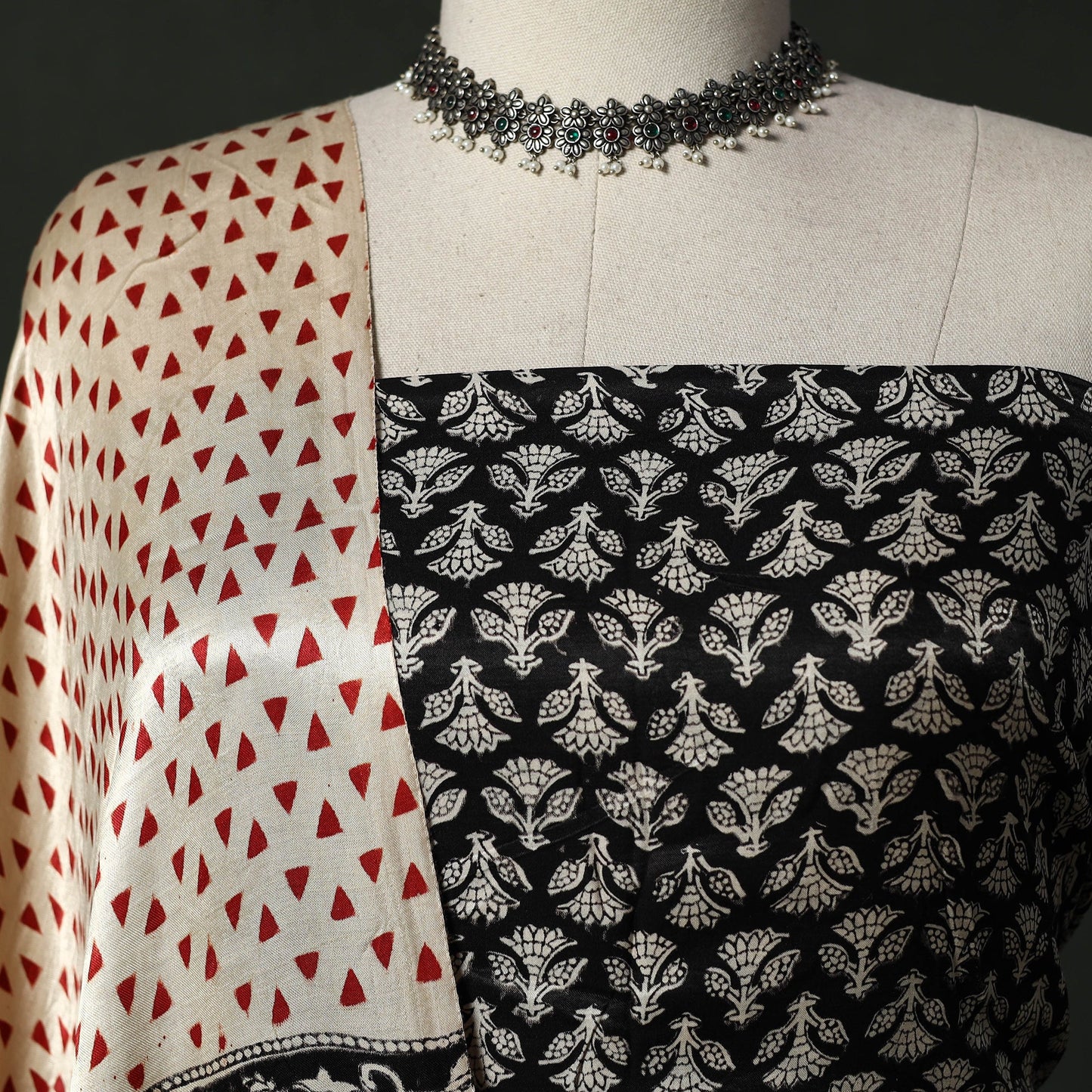 Modal silk hand block bagru print 2pc unstitched dress