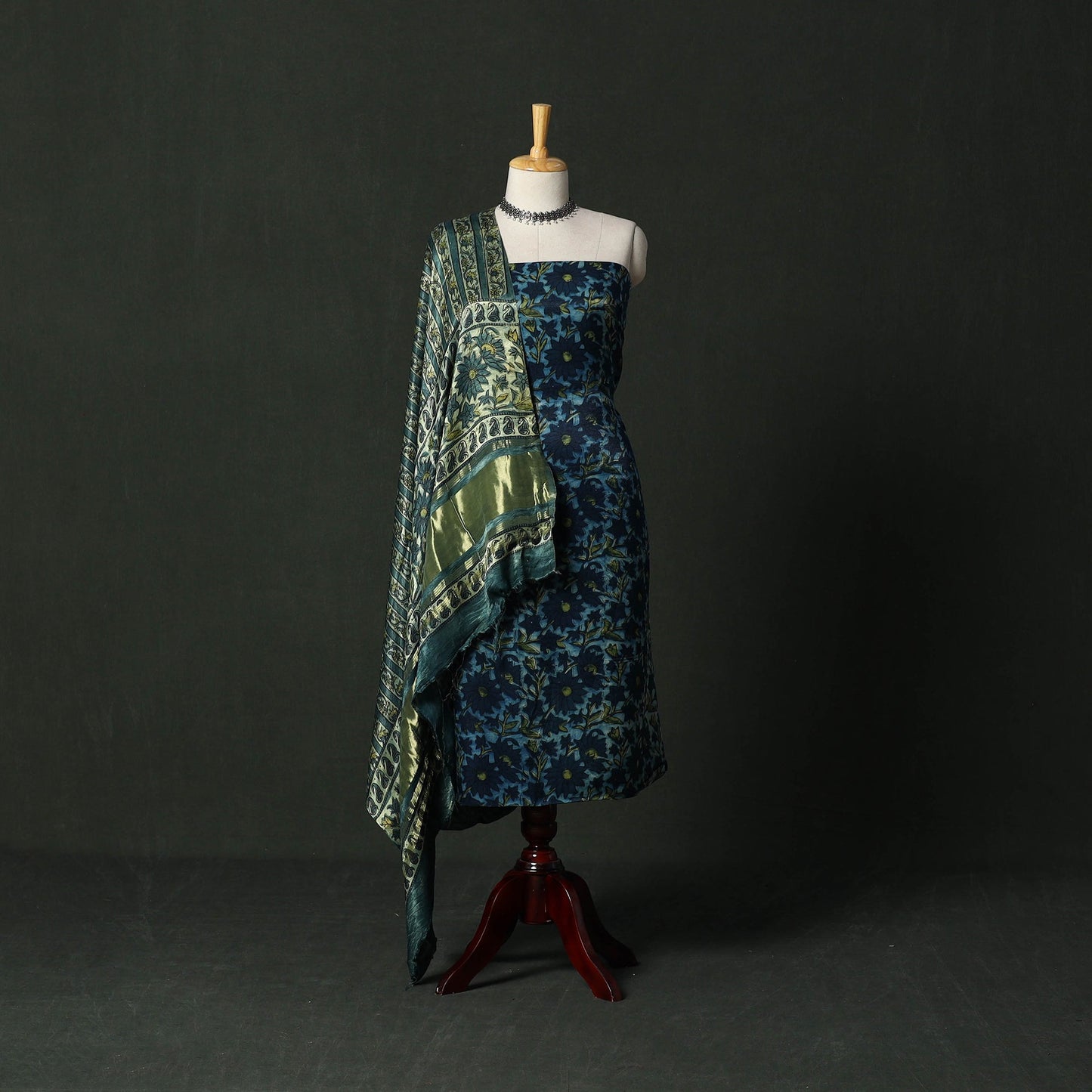 Modal silk hand block bagru print 2pc unstitched dress