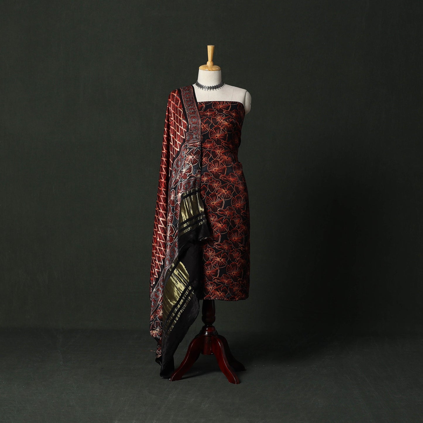 Modal silk hand block bagru print 2pc unstitched dress