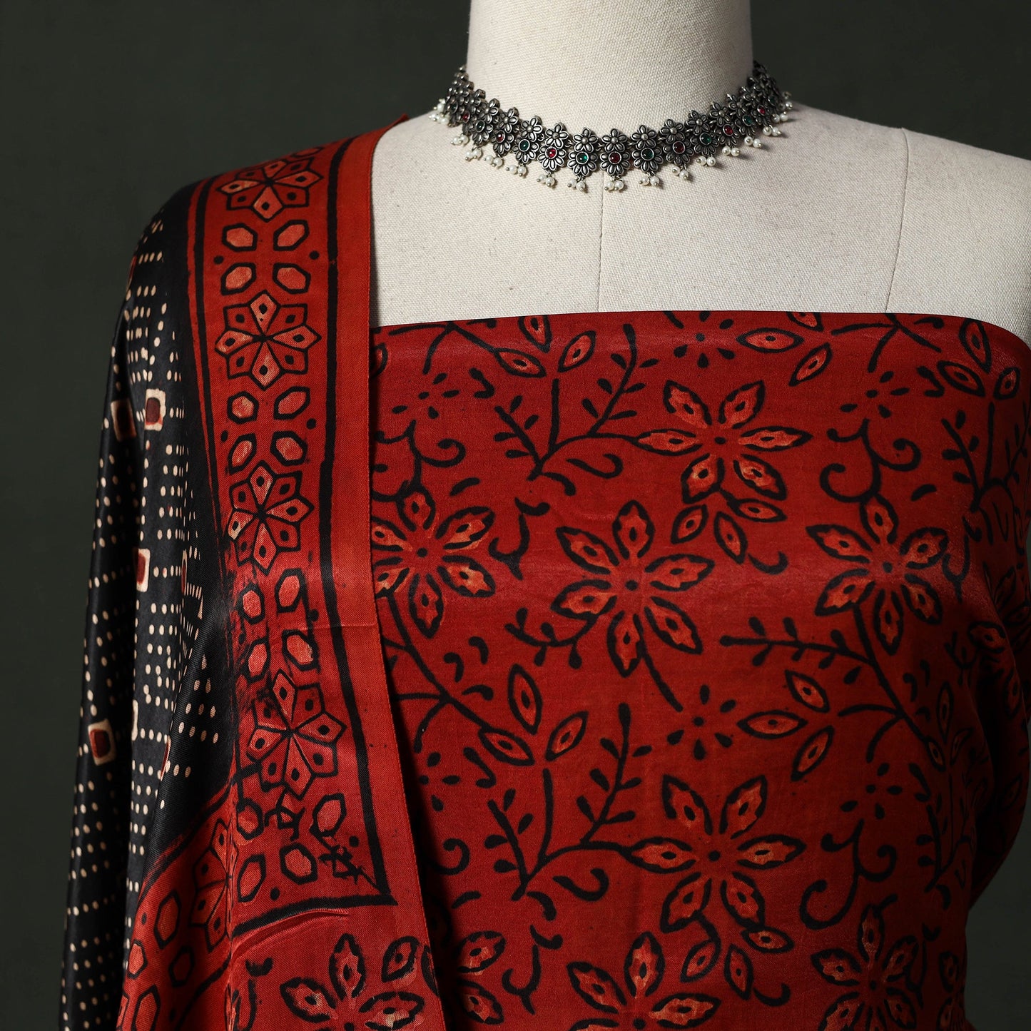Modal silk hand block bagru print 2pc unstitched dress