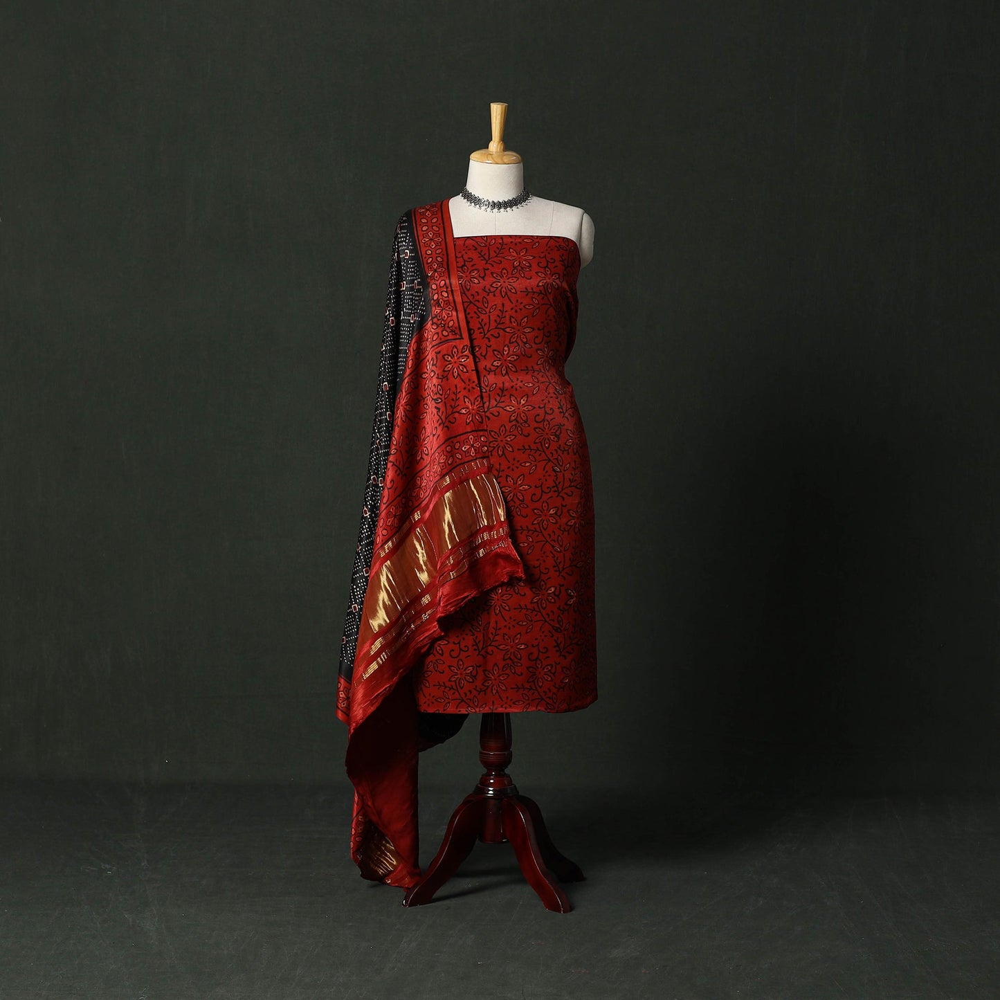 Modal silk hand block bagru print 2pc unstitched dress