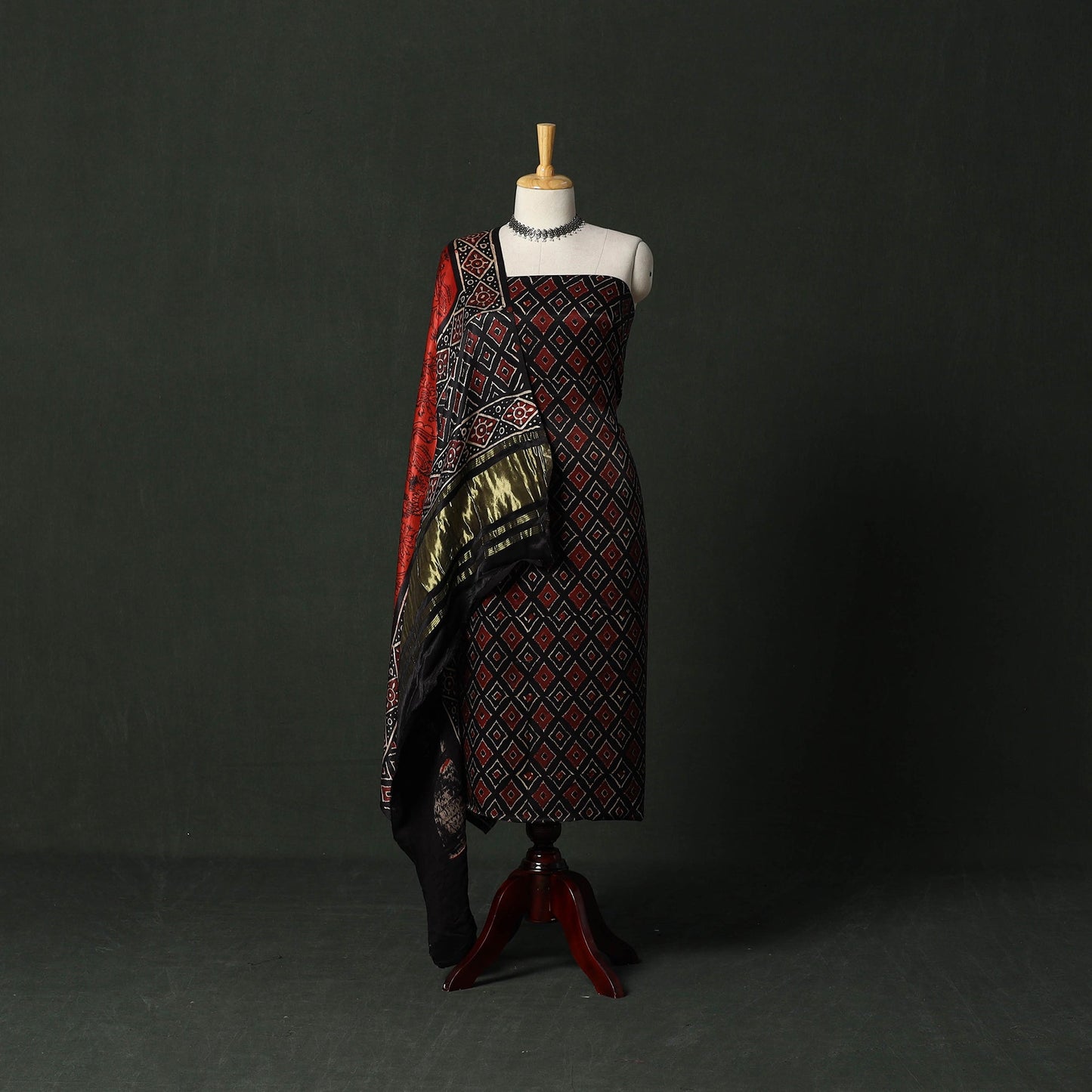 Modal silk hand block bagru print 2pc unstitched dress