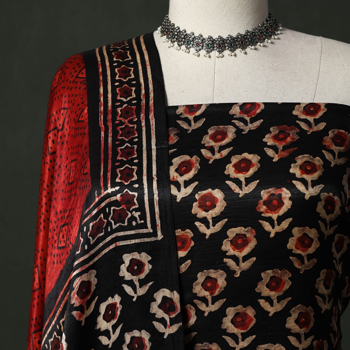 Modal silk hand block bagru print 2pc unstitched dress