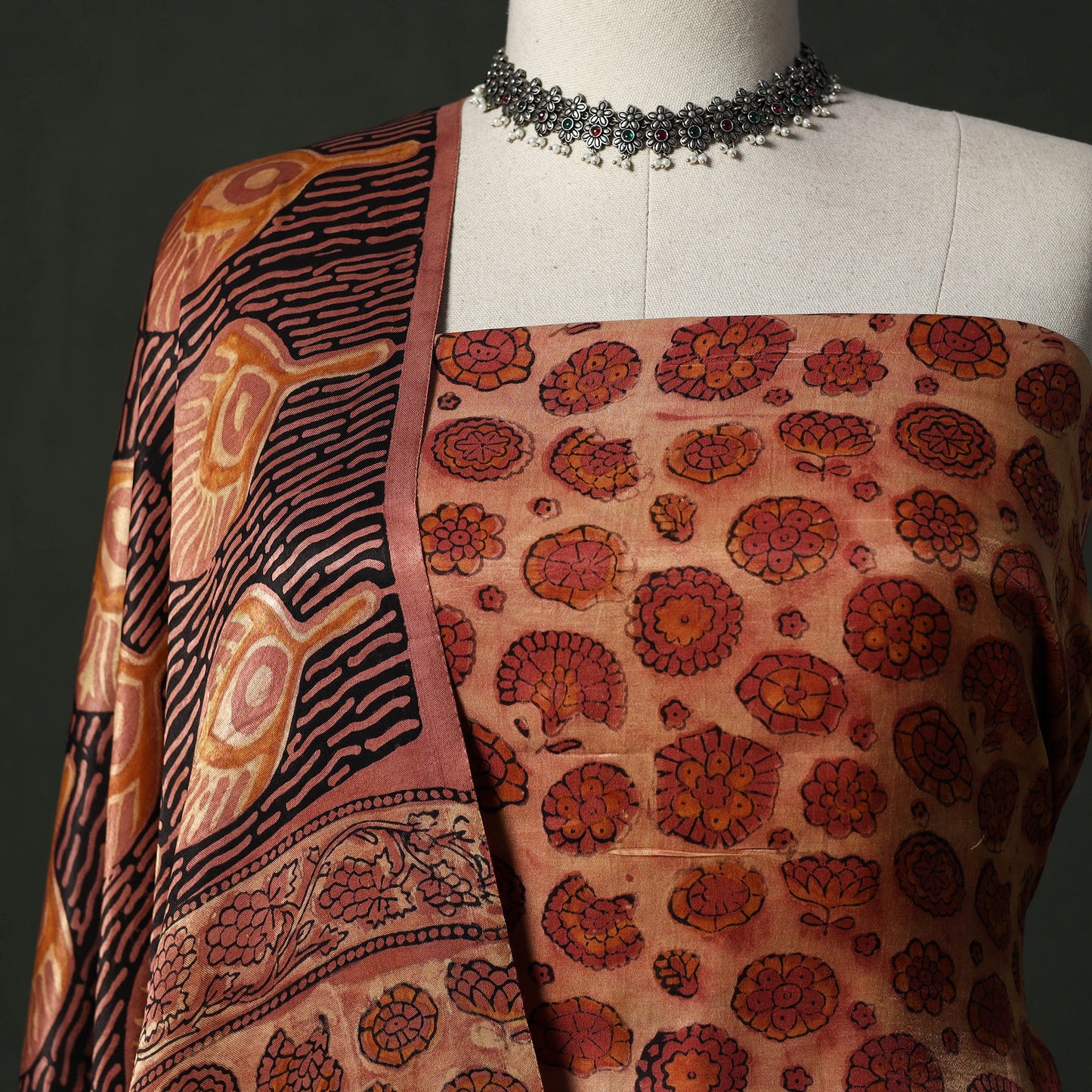 Modal silk hand block bagru print 2pc unstitched dress