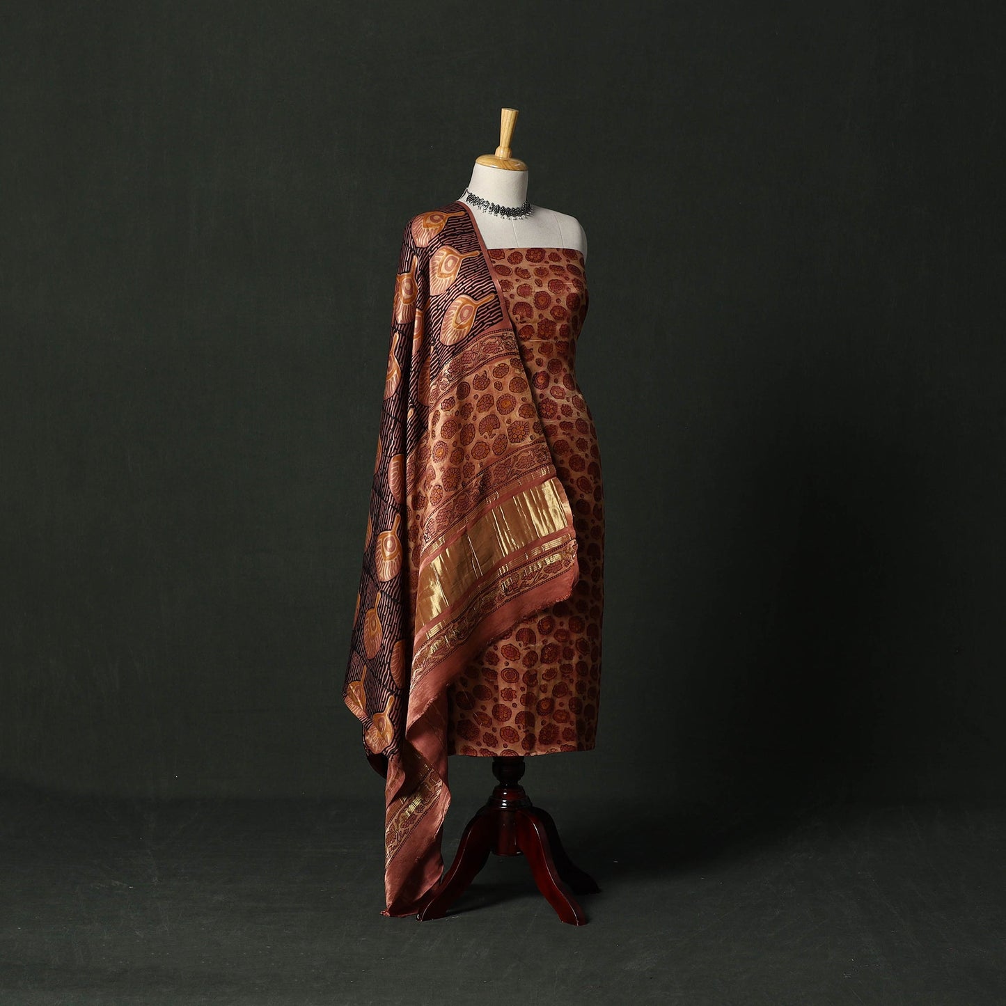 Modal silk hand block bagru print 2pc unstitched dress