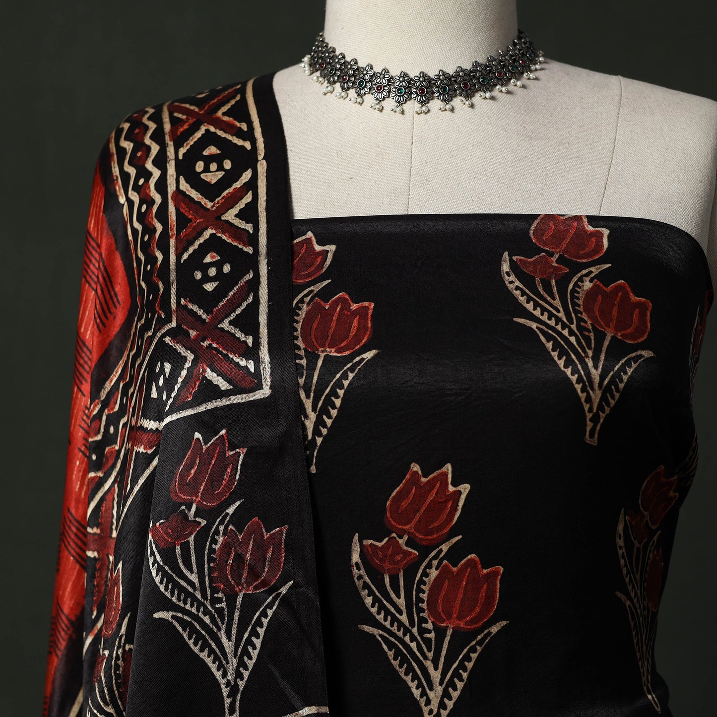 Modal silk hand block bagru print 2pc unstitched dress