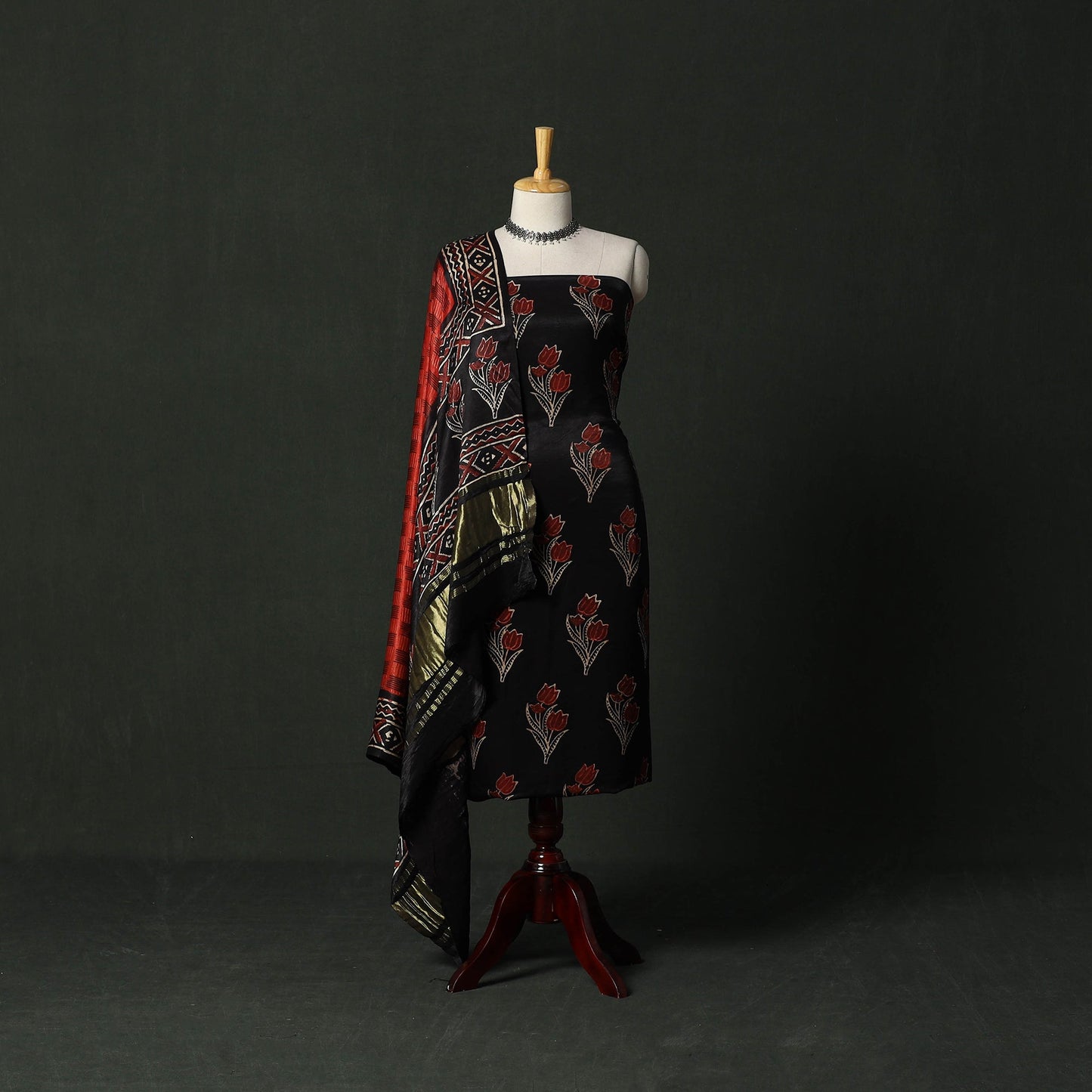 Modal silk hand block bagru print 2pc unstitched dress