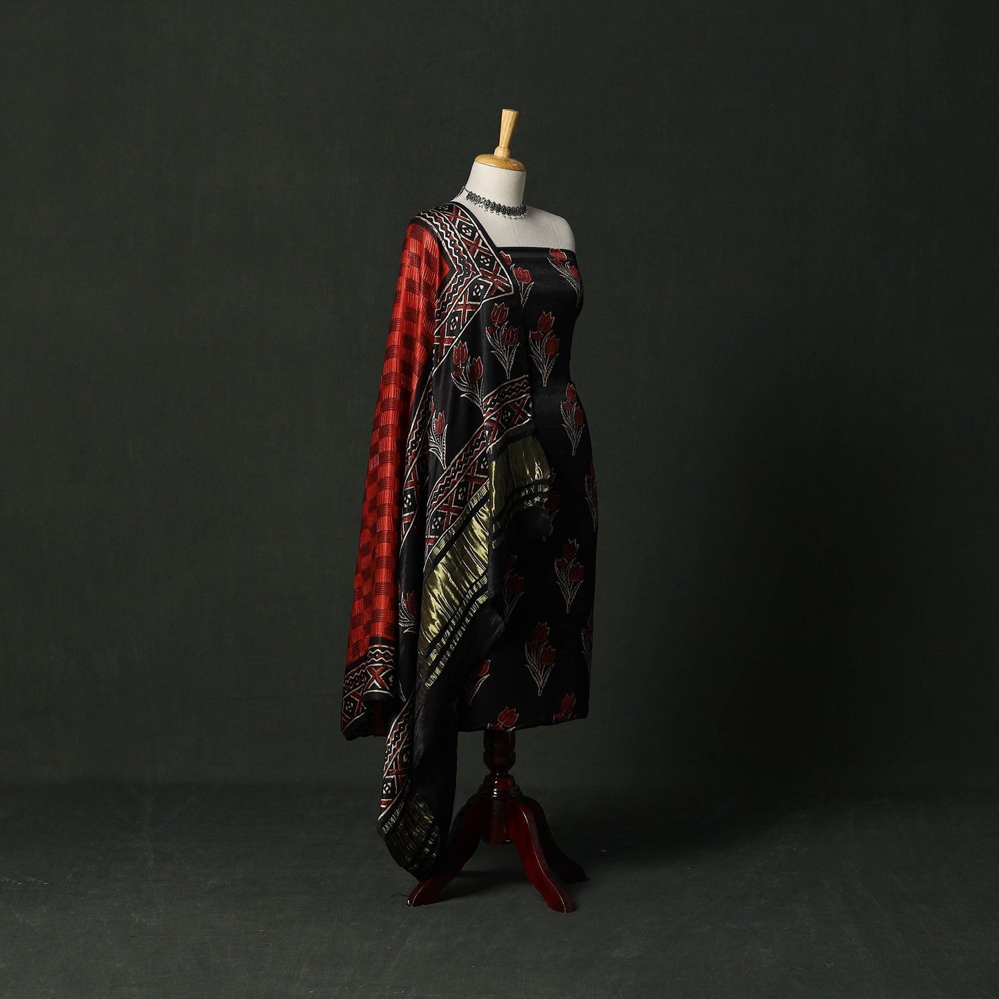 Modal silk hand block bagru print 2pc unstitched dress