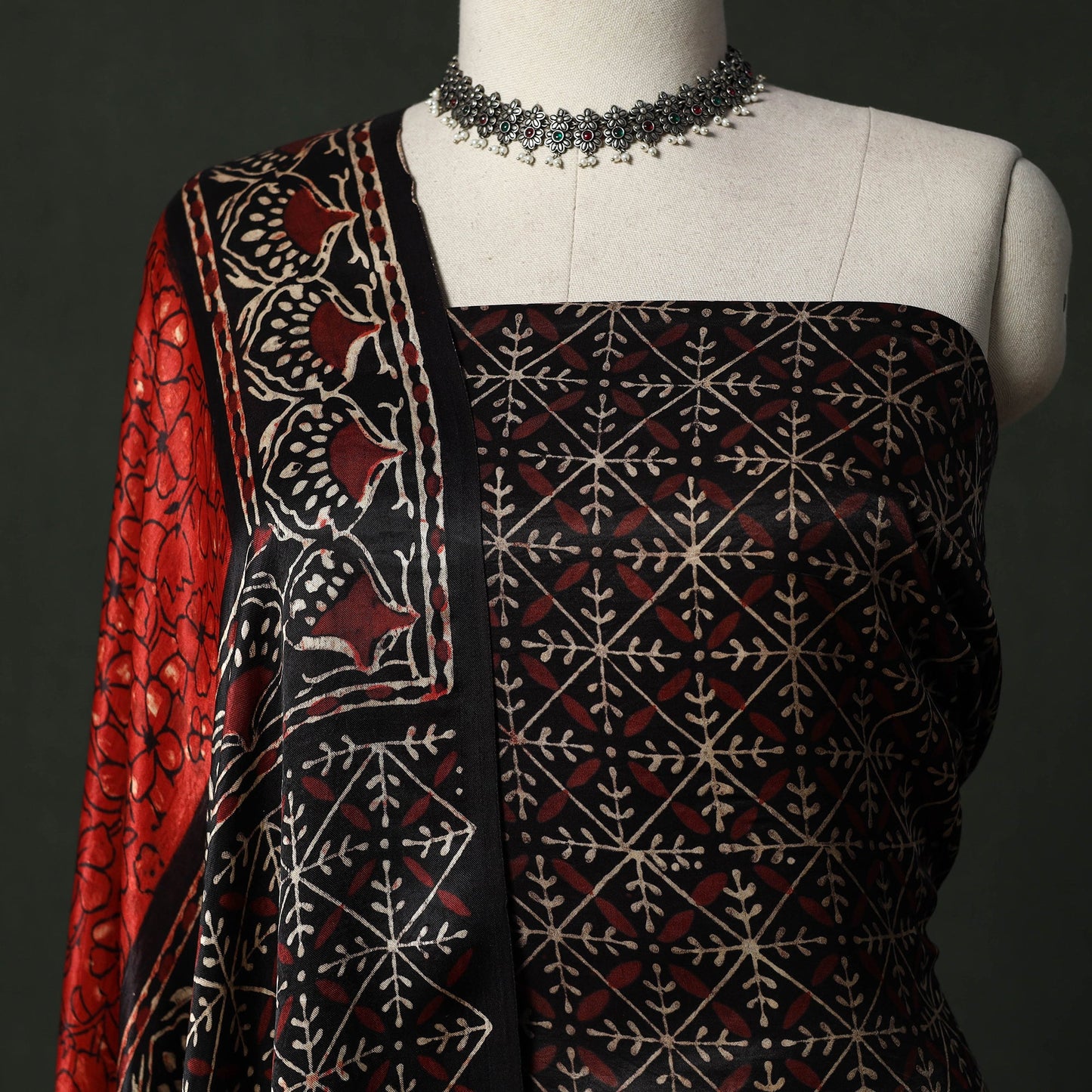 Modal silk hand block bagru print 2pc unstitched dress