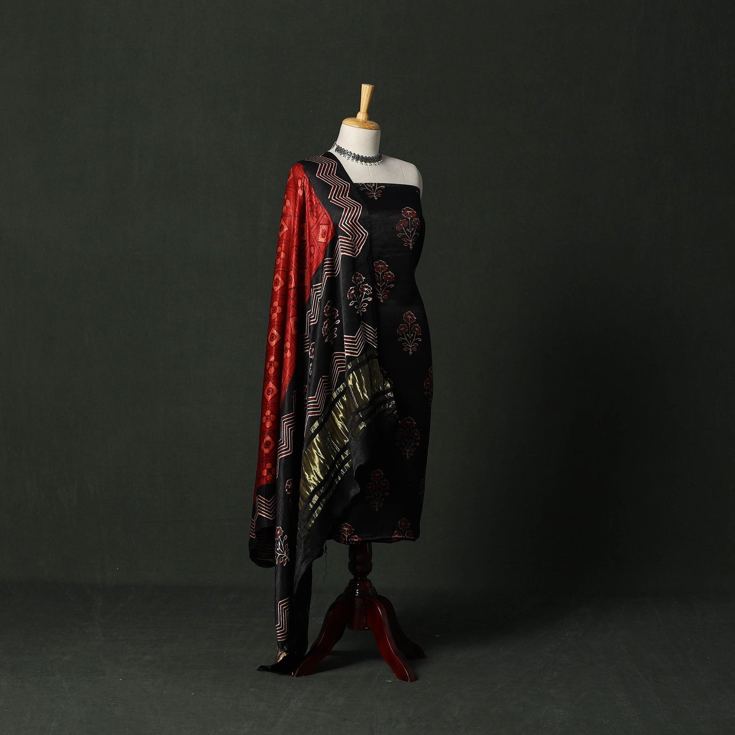 Modal silk hand block bagru print 2pc unstitched dress