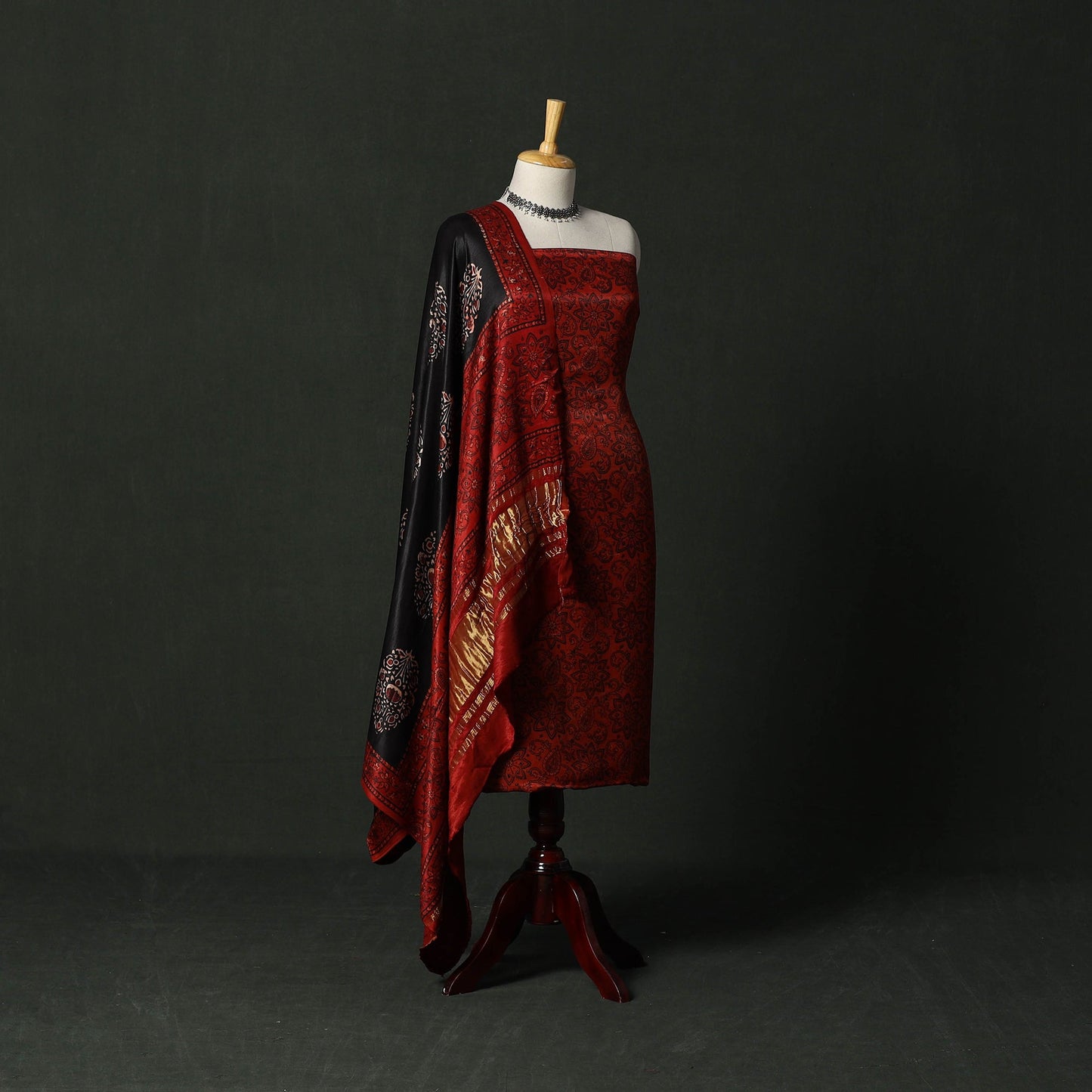 Modal silk hand block bagru print 2pc unstitched dress