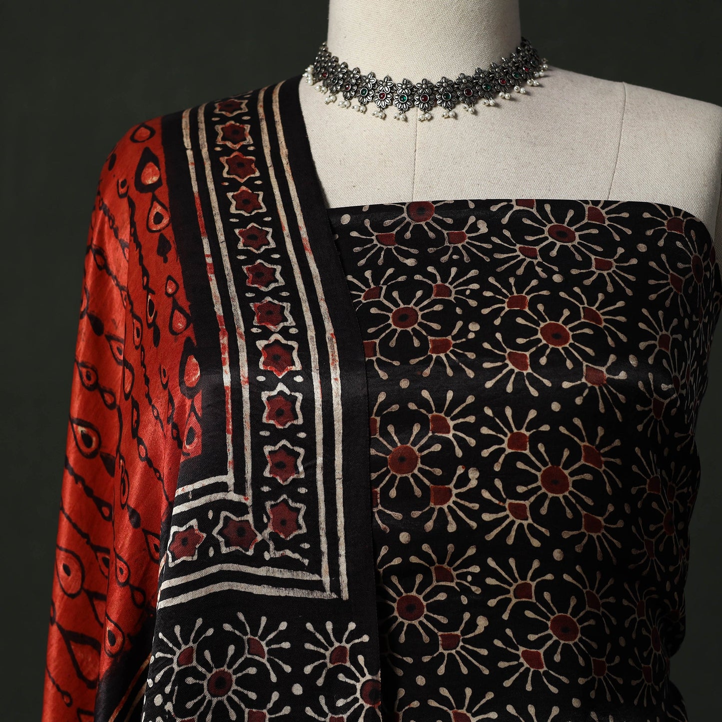 Modal silk hand block bagru print 2pc unstitched dress