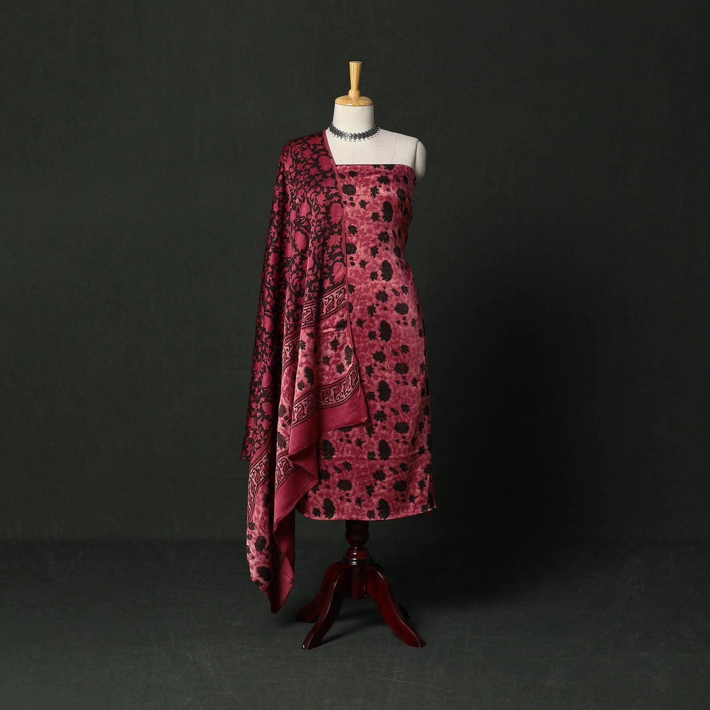 Modal silk hand block bagru print 3pc unstitched dress