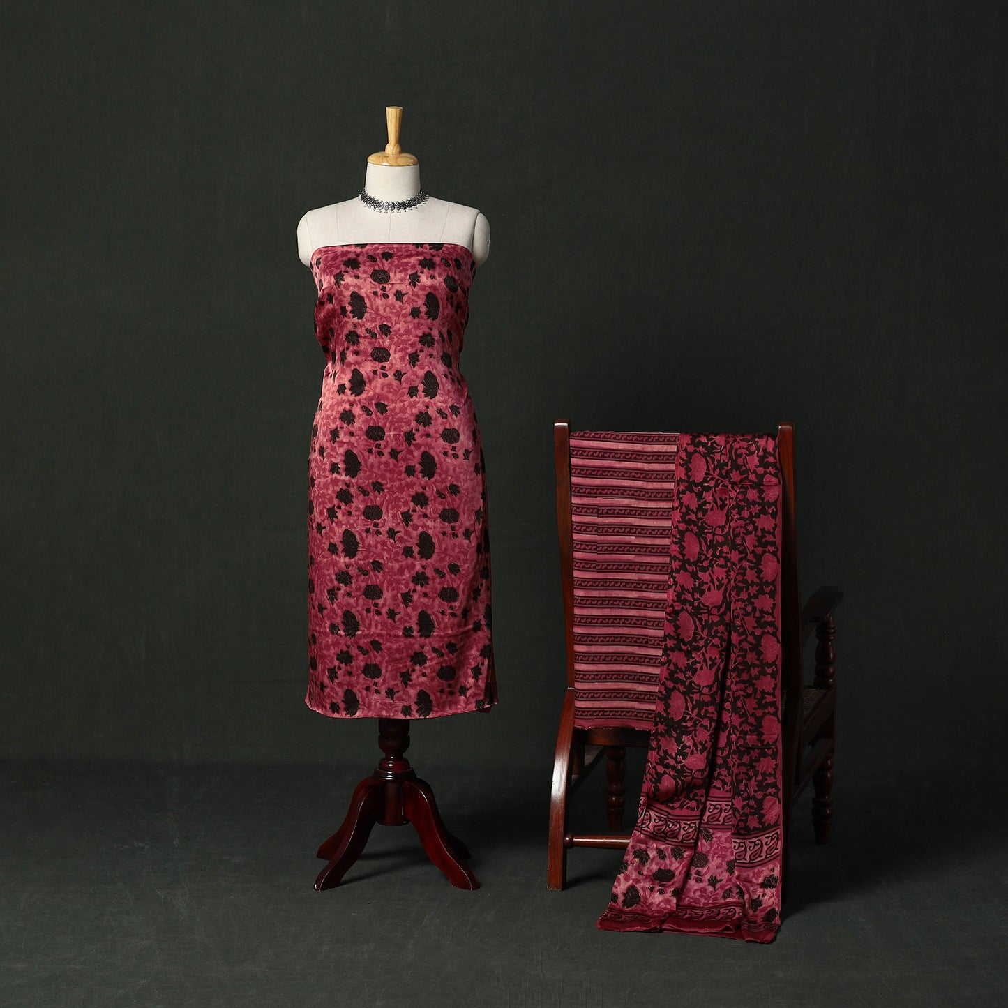 Modal silk hand block bagru print 3pc unstitched dress