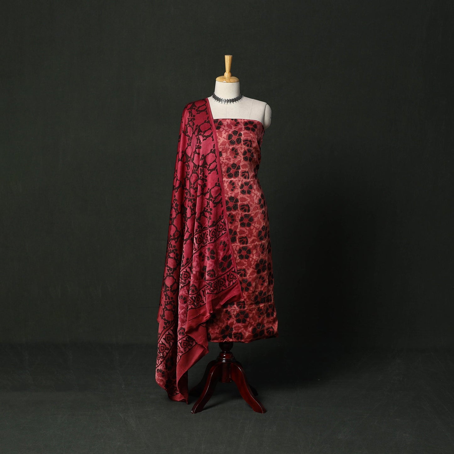 Modal silk hand block bagru print 3pc unstitched dress