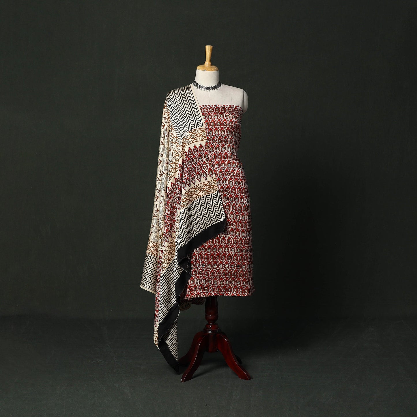 Modal silk hand block bagru print 3pc unstitched dress