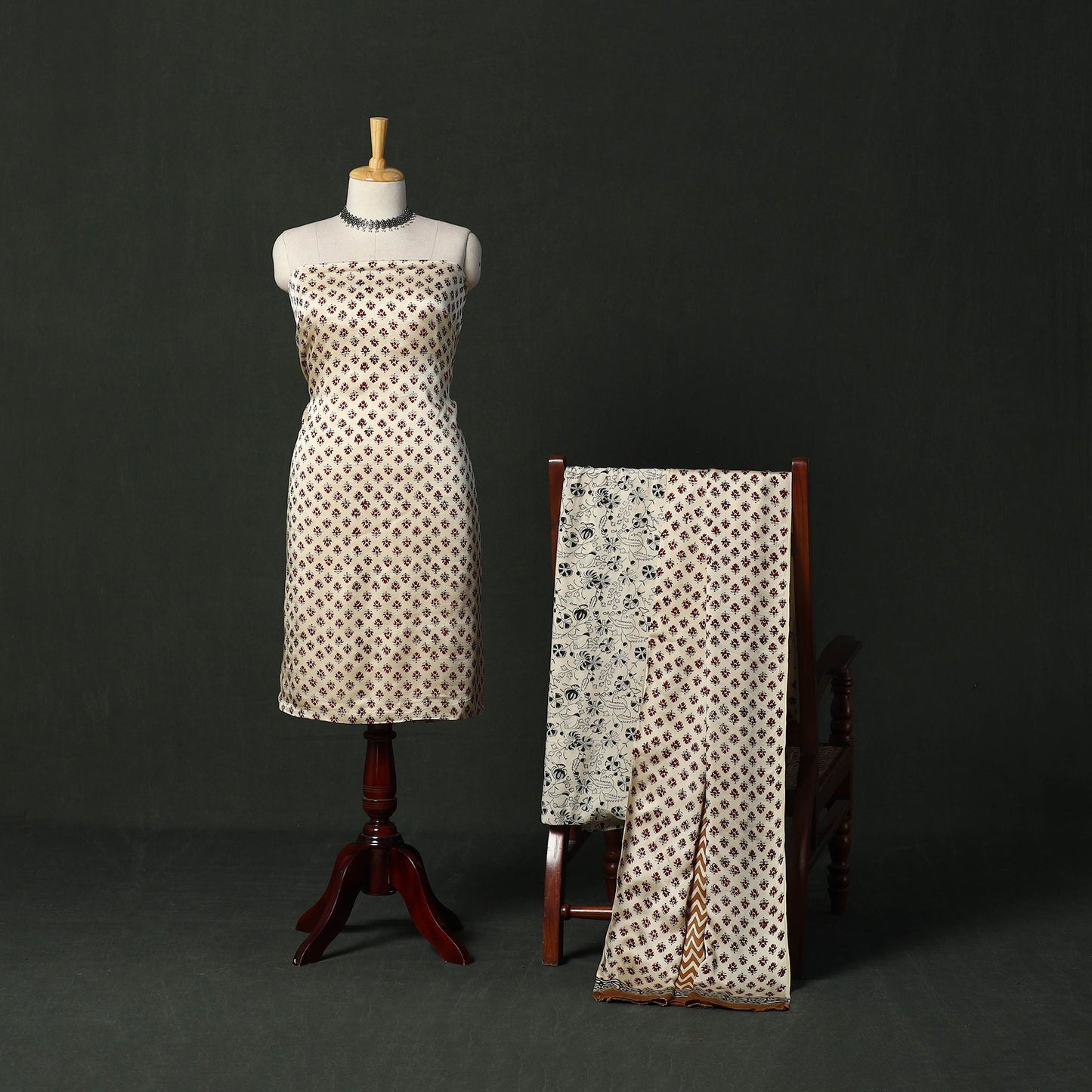 Modal silk hand block bagru print 3pc unstitched dress