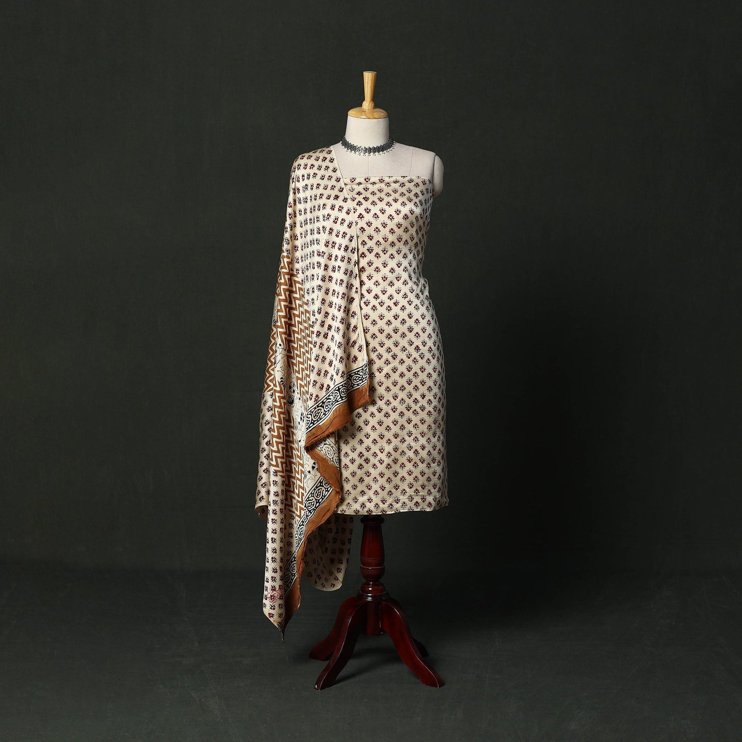 Modal silk hand block bagru print 3pc unstitched dress