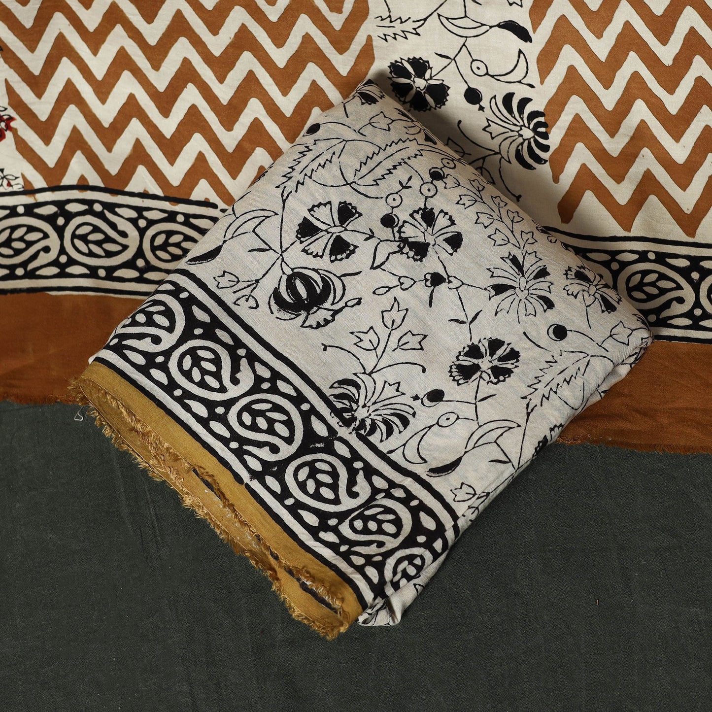 Modal silk hand block bagru print 3pc unstitched dress