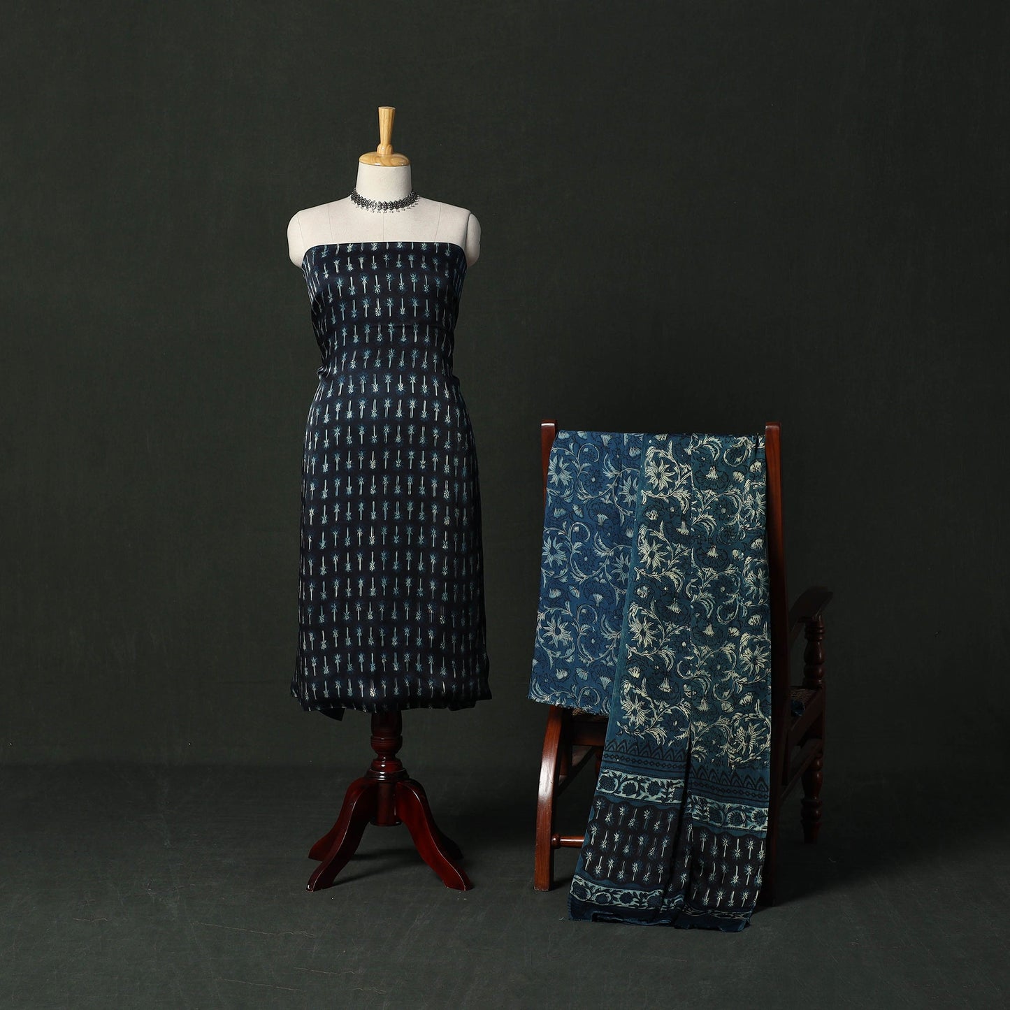 Modal silk hand block bagru print 3pc unstitched dress