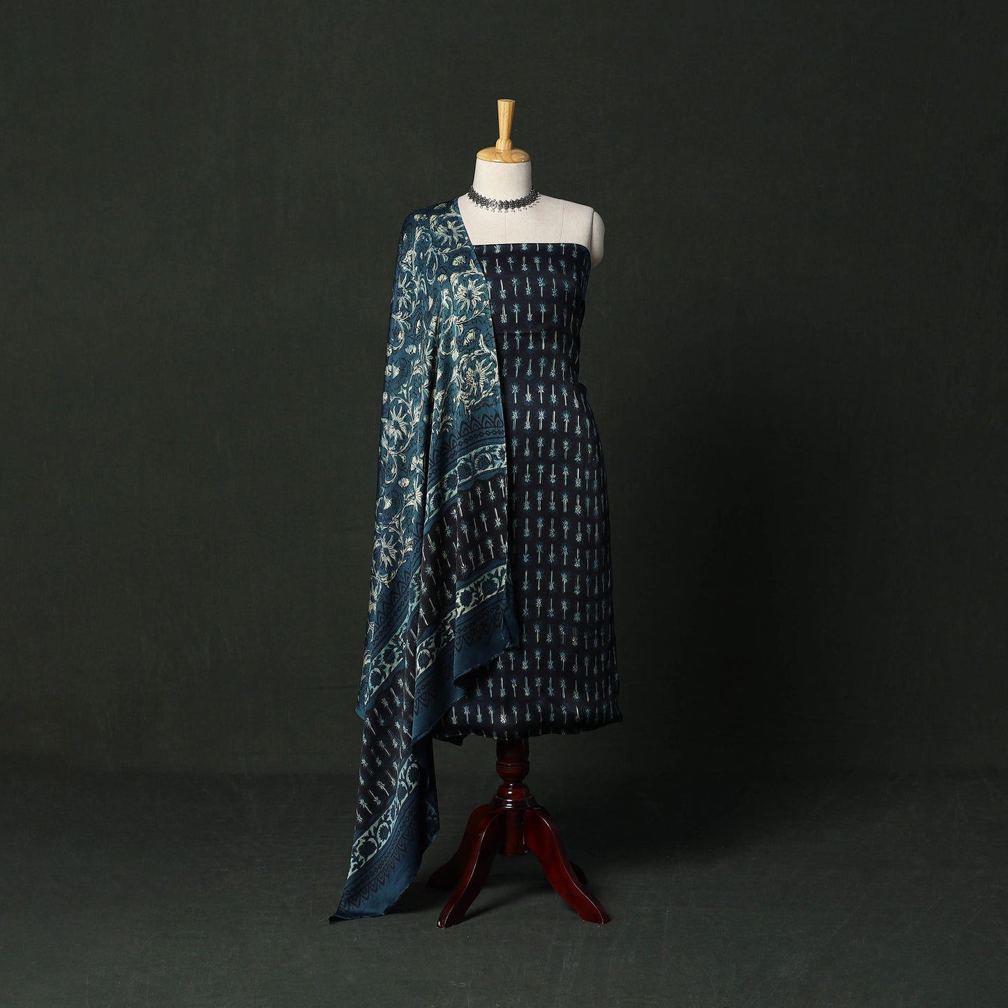 Modal silk hand block bagru print 3pc unstitched dress