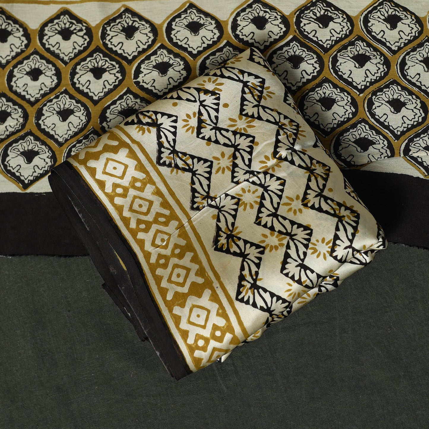 Modal silk hand block bagru print 3pc unstitched dress