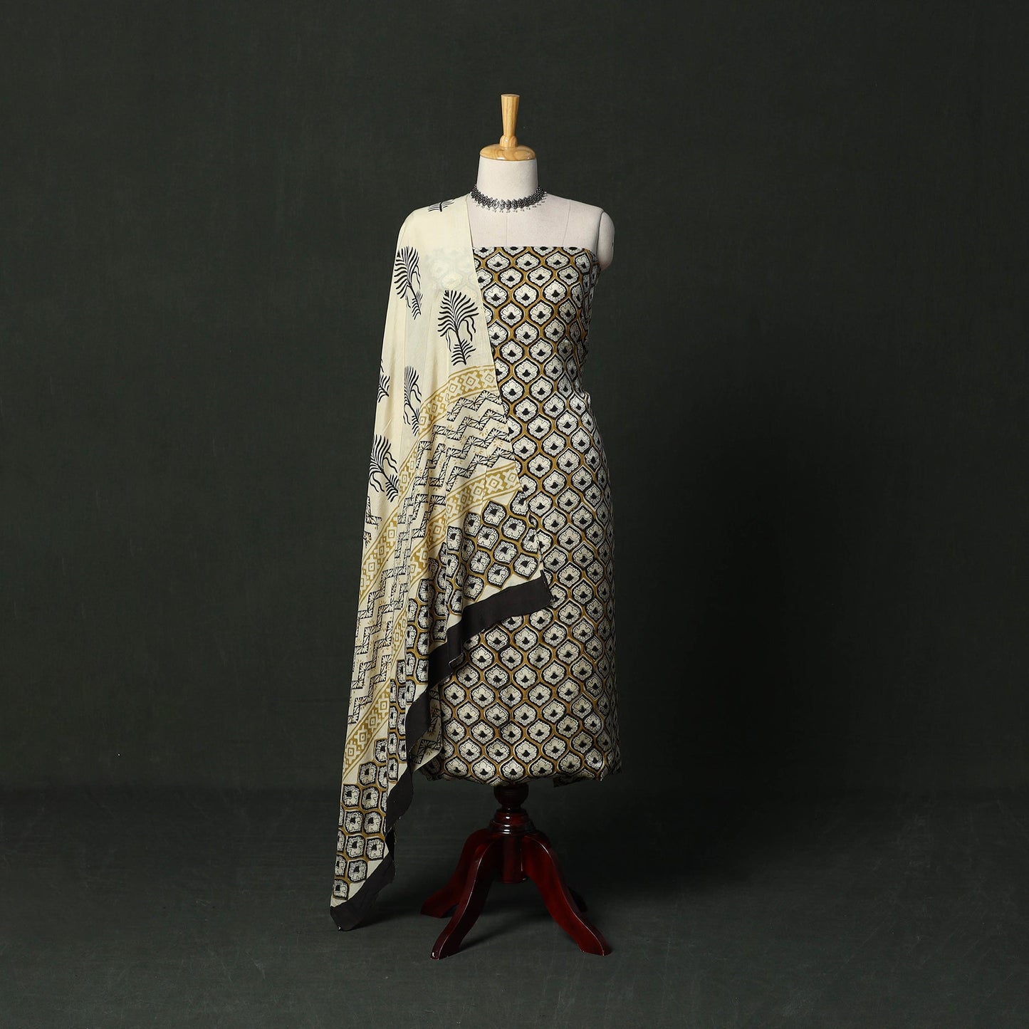 Modal silk hand block bagru print 3pc unstitched dress