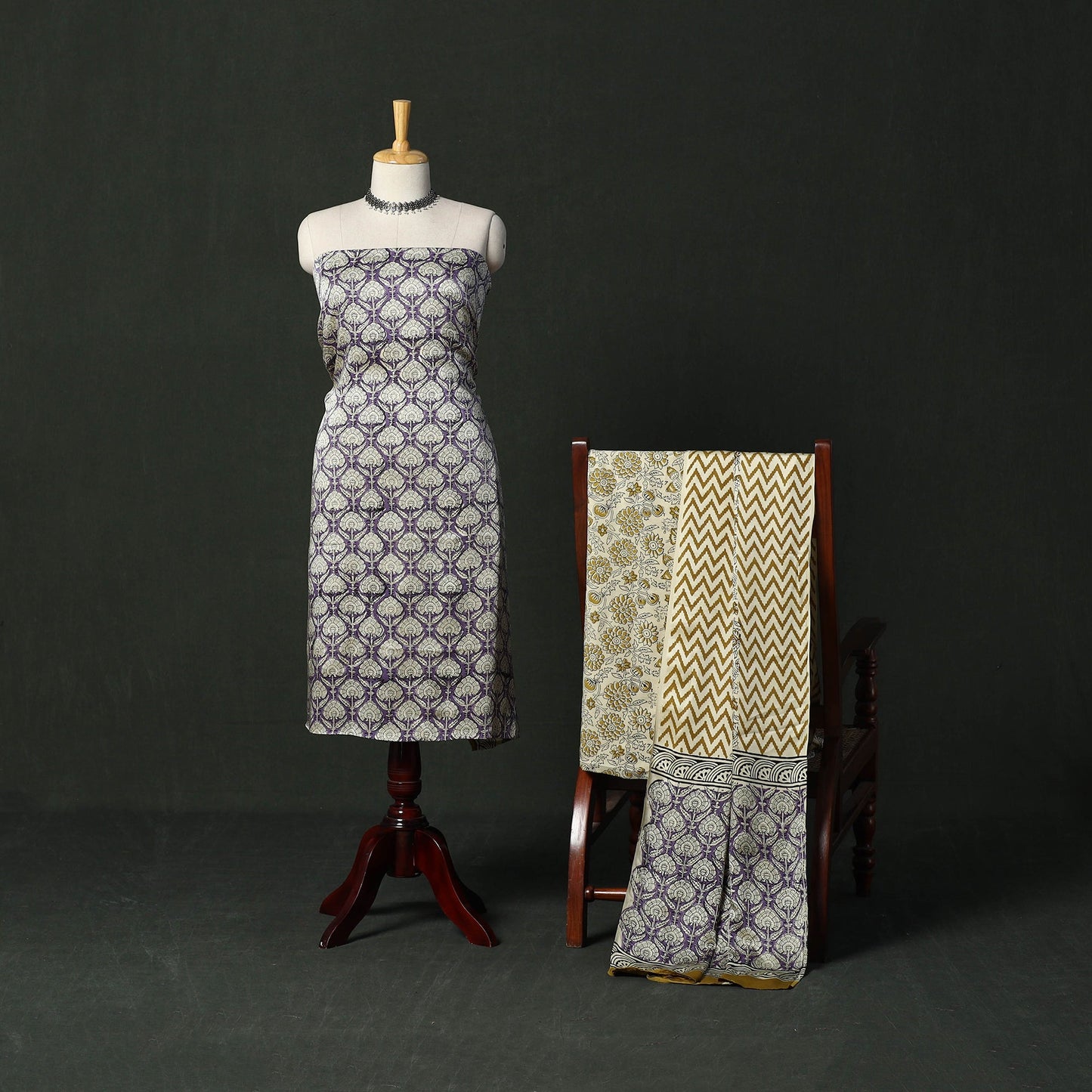 Modal silk hand block bagru print 3pc unstitched dress